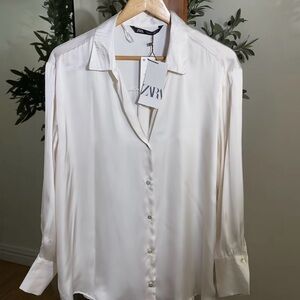 Zara Ivory Satin Button-Down Blouse
